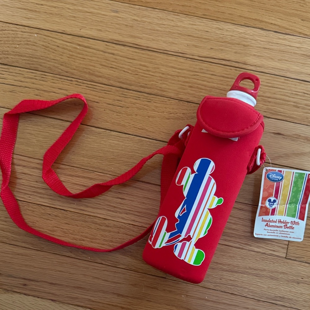 Disney Red Striped Mickey Water Bottle with Strap